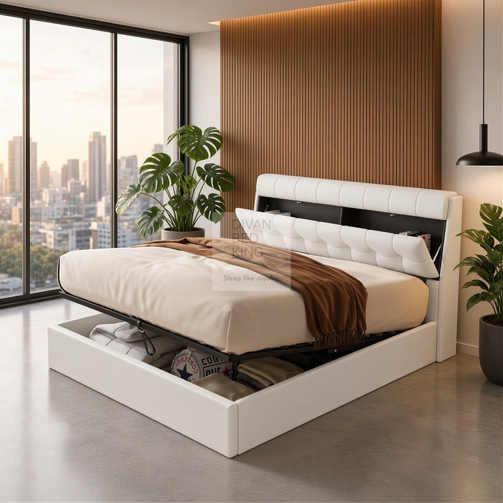 Carmine White Leather Ottoman Storage Bed with Headboard Storage