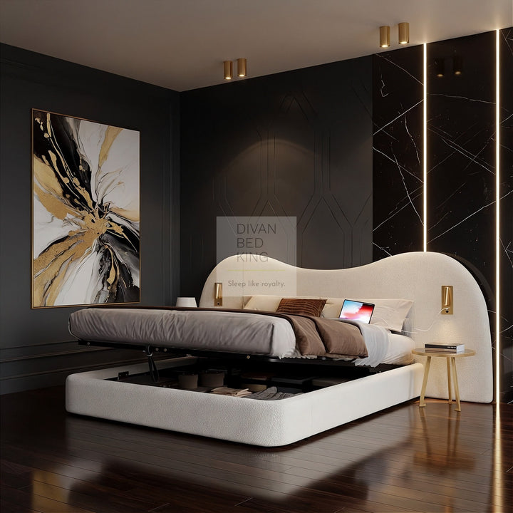Peralta Oversized Headboard White Boucle Teddy Ottoman Storage Bed with USB Ports and Adjustable Lights
