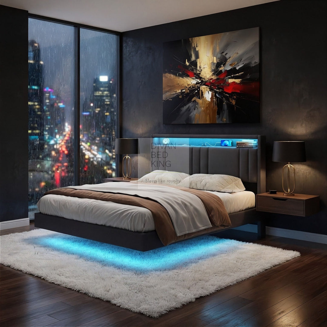 Everleigh Grey Linen Floating Bed Frame with Padded Storage Headboard, LED Lights, USB & Type-C Charging Station
