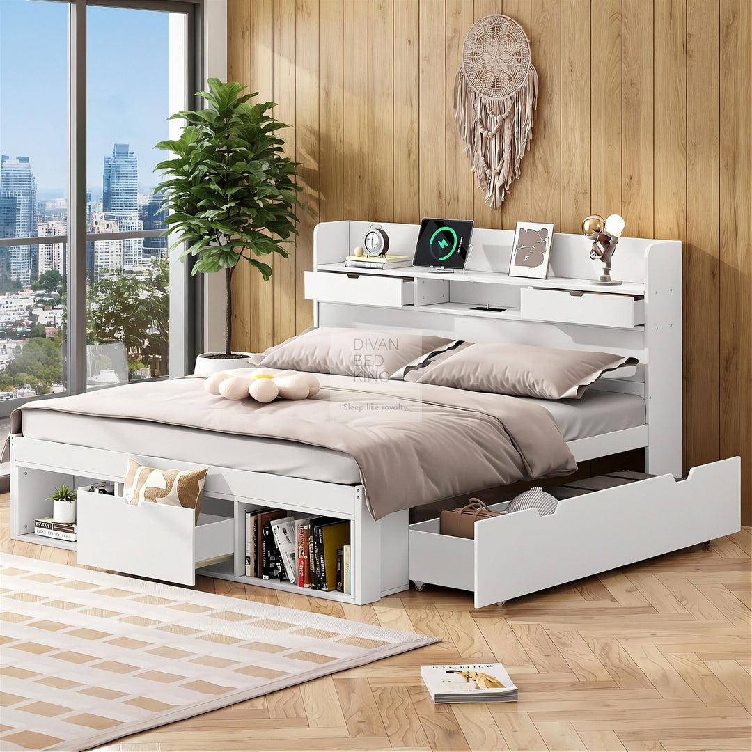 Castaneda White Wooden Smart Bed with 4 Drawers, Power Outlets and USB Ports & Shelves
