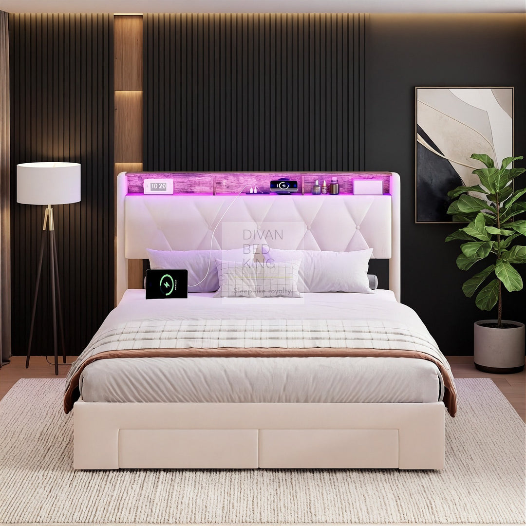 Velasquez Beige Plush Velvet Ottoman Storage Smart Bed with Type C, USB & Socket Charging Headboard Storage Shelves