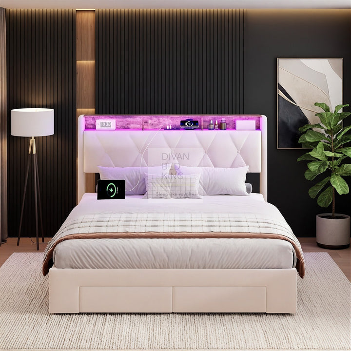 Velasquez Beige Plush Velvet Ottoman Storage Smart Bed with Type C, USB & Socket Charging Headboard Storage Shelves