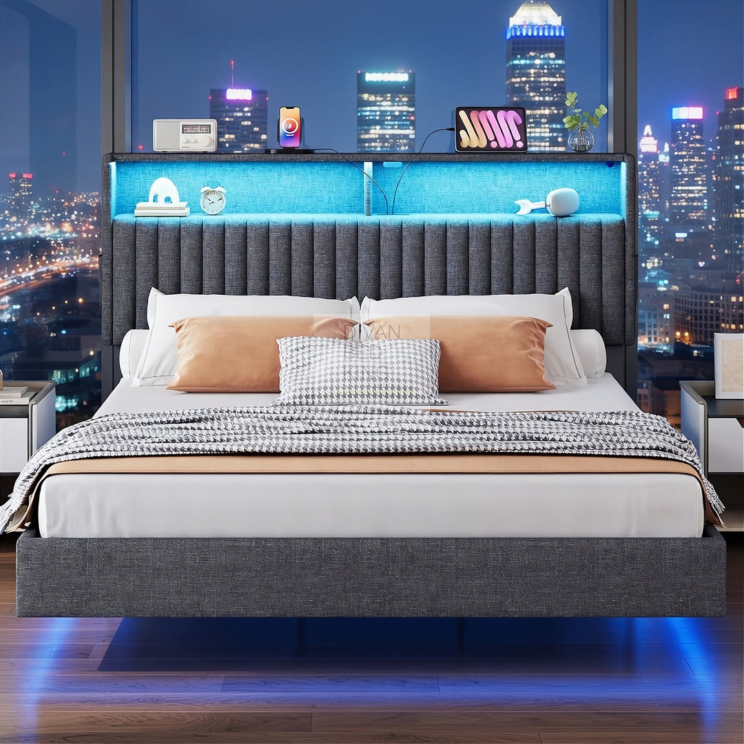 Houston Smart Metal Floating Bed with Grey Linen Padded Storage Headboard, LED Lights, USB & Type C Charging Station