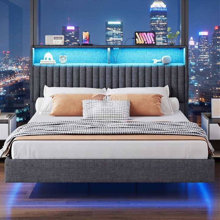 Houston Smart Metal Floating Bed with Grey Linen Padded Storage Headboard, LED Lights, USB & Type C Charging Station
