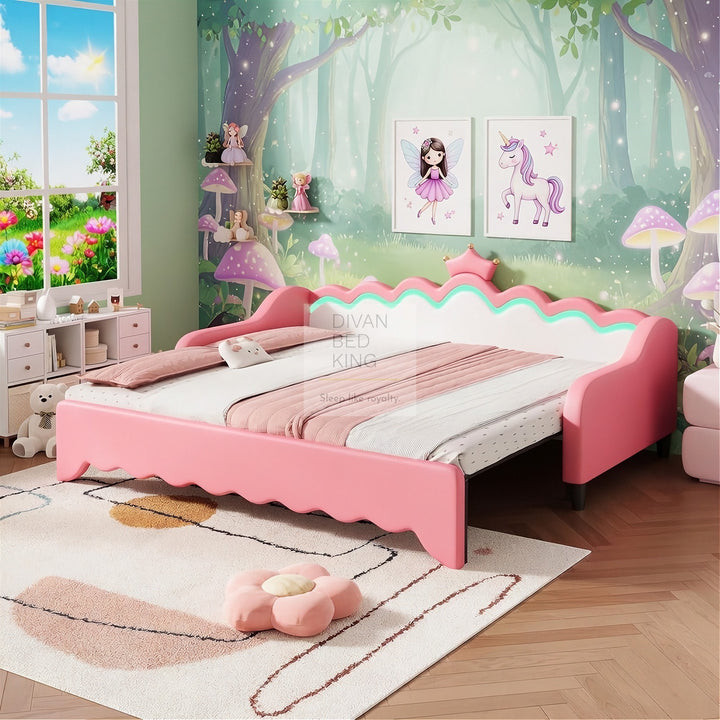 Vivian Pink Leather Girls Smart Sofa Bed with LED Lights & Trundle Daybed Couch