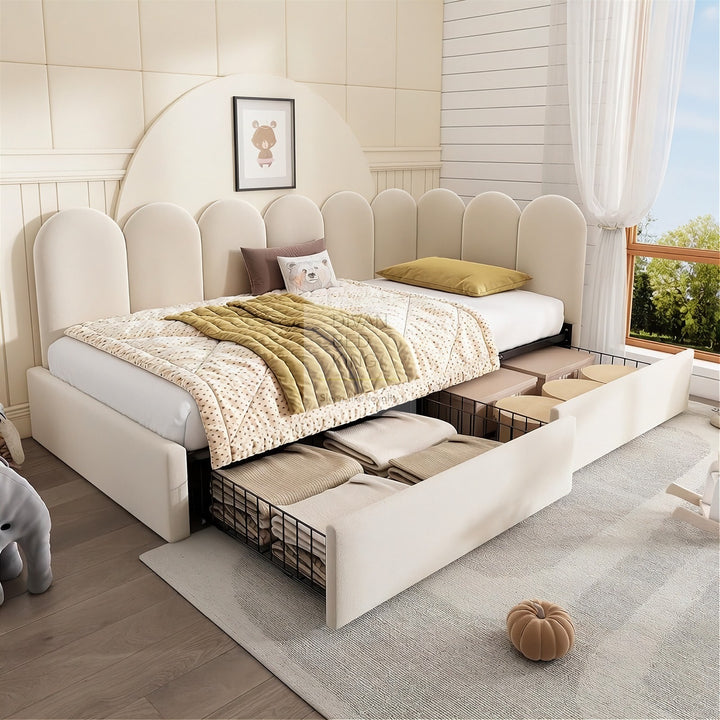 Novara Beige Plush Velvet 2 Drawer Corner 2 Seater Daybed Sofa Bed Couch