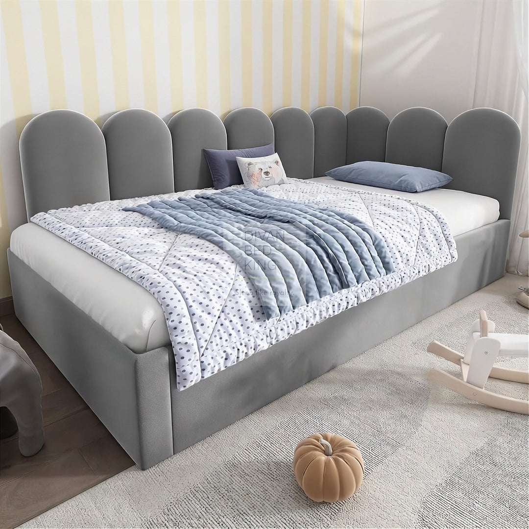 Novara Grey Plush Velvet Convertible Corner 3FT Single Daybed Sofa Bed Couch with Trundle