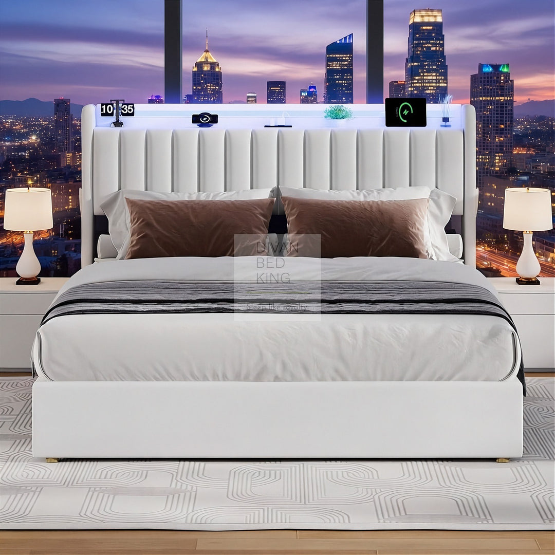 Mauricio White Leather Ottoman Smart Bed with LED Headboard Storage Charging Station, Socket, USB and Type C Port