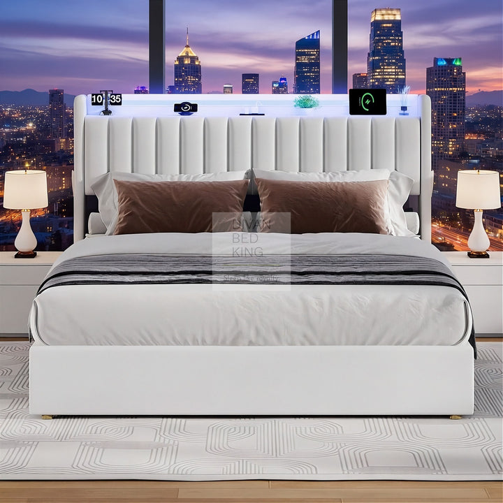 Mauricio White Leather Ottoman Smart Bed with LED Headboard Storage Charging Station, Socket, USB and Type C Port