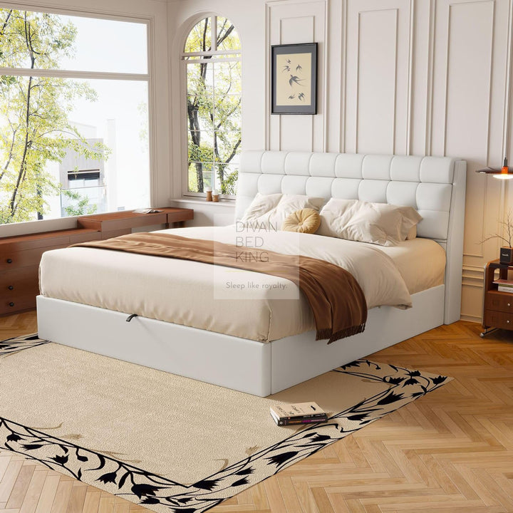 Carmine White Leather Ottoman Storage Bed with Headboard Storage