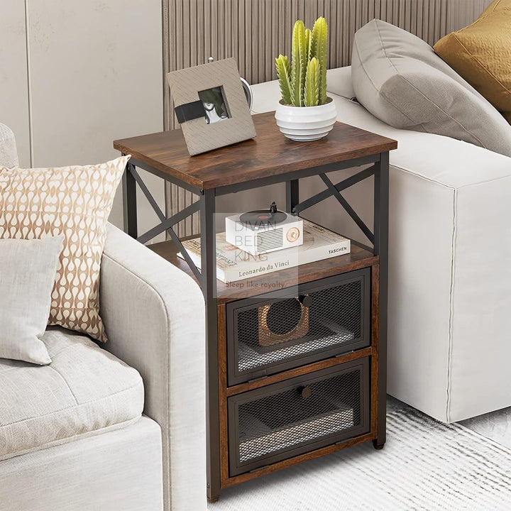 Henry 2 Drawer Rustic Wood and Metal Bedside Table with Shelf