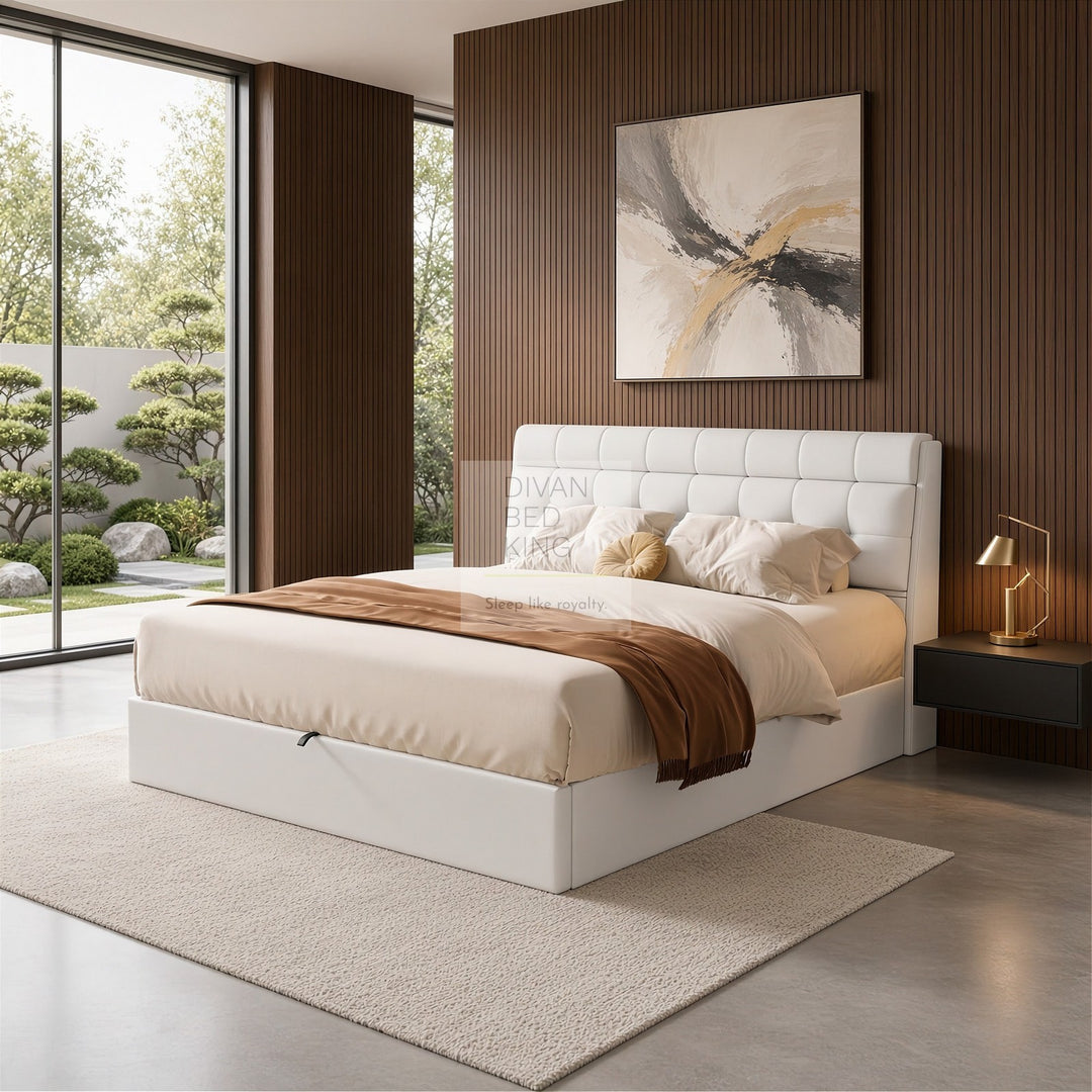 Carmine White Leather Ottoman Storage Bed with Headboard Storage