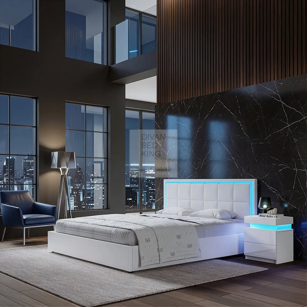 Hiley LED White Leather Ottoman Gas Lift Storage Bed Frame