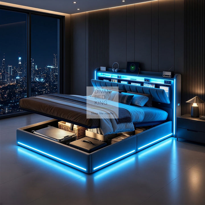 Kairi LED Grey Velvet Ottoman Storage Smart Bed with USB Type C Charging Station on Headboard Storage Shelf