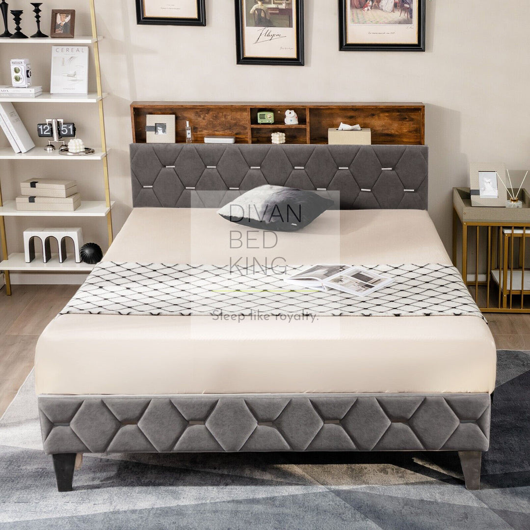 Vangogh Grey Plush Velvet Bed Frame with Headboard Storage Shelves