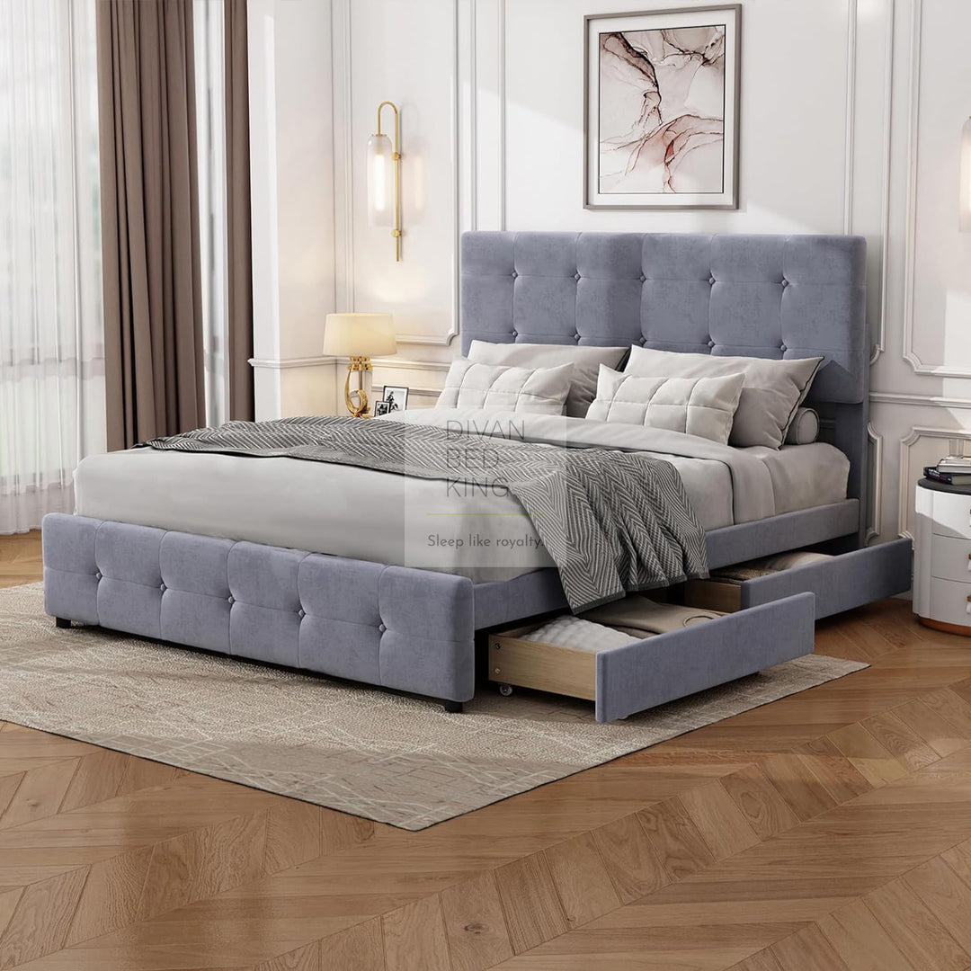 Serava Grey Plush Velvet 4 Drawer Bed with Adjustable Headboard