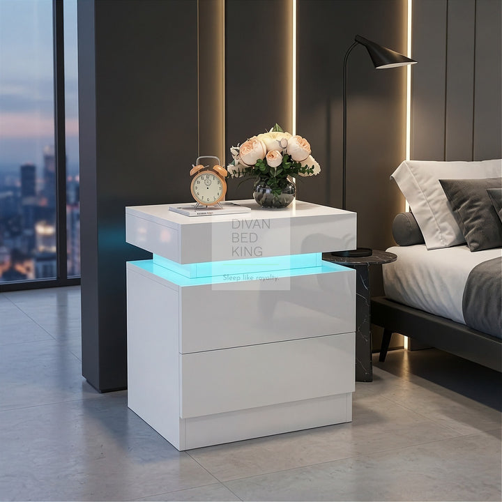 Schneider 2 Drawer White High Gloss Smart LED Bedside Table