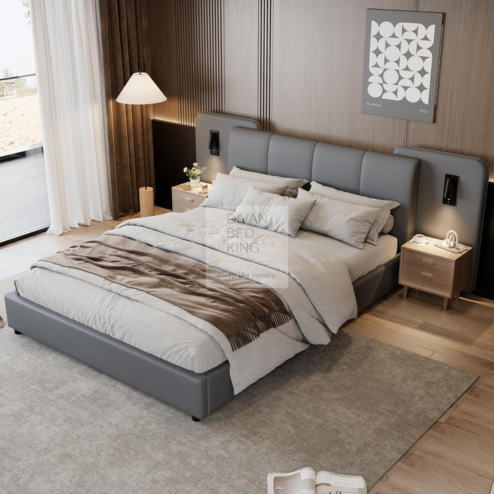 Monteleone Oversized Headboard Grey Leather Bed Frame with Integrated Lighting & USB Charging