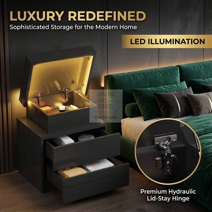 Schneider 2 Drawer Black High Gloss Smart LED Bedside Table