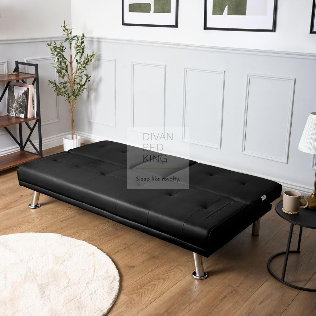 Cadence Black Leather 2 Seater Sofa Bed with Cup Holders and Matching Pillows