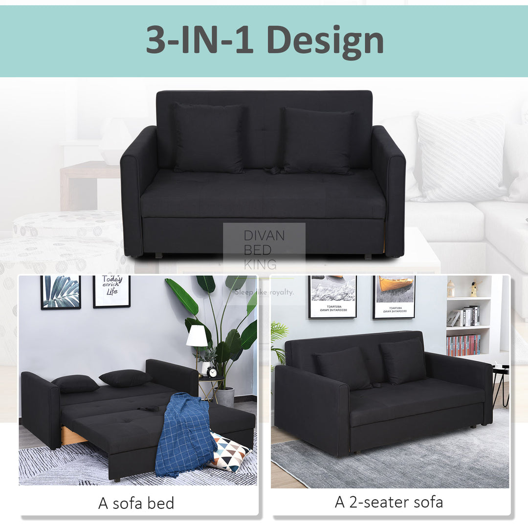 Adamaris 3 in 1 Black Cotton Sofa Bed 2 or 3 Seater with Storage