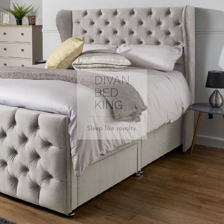 Emerson Luxury Designer Divan Bed with Winged Tall Floor Standing Headboard