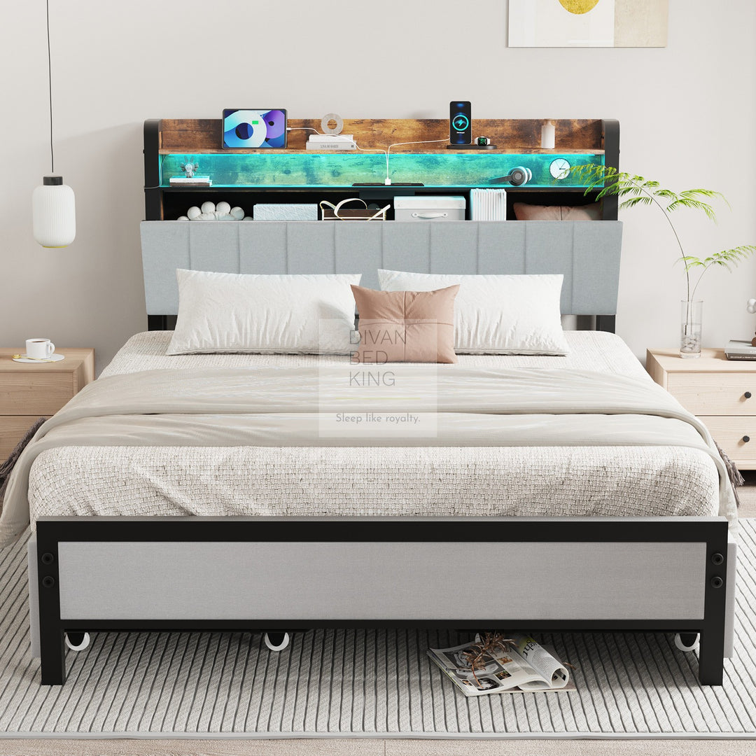 Henry Off-White Linen Metal Bed with 4 Drawers with Headboard Shelves, LED, USB and Power Outlet