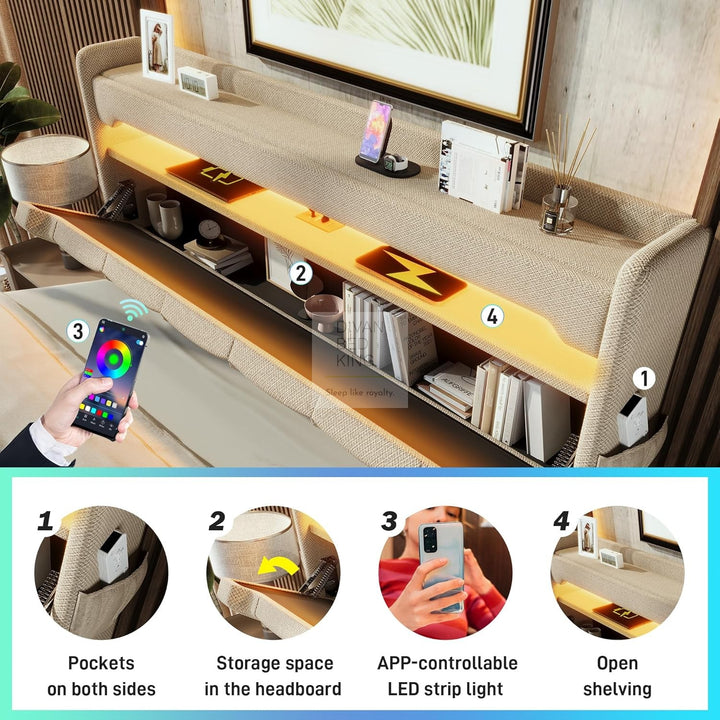 Rylie Beige Linen Wingback Ottoman Storage Smart Bed with Type C, USB & Wireless Charging Headboard Shelves