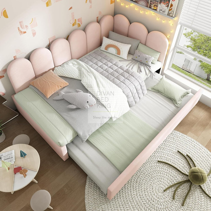 Novara Pink Plush Velvet Convertible Corner 3FT Single Daybed Sofa Bed Couch with Trundle