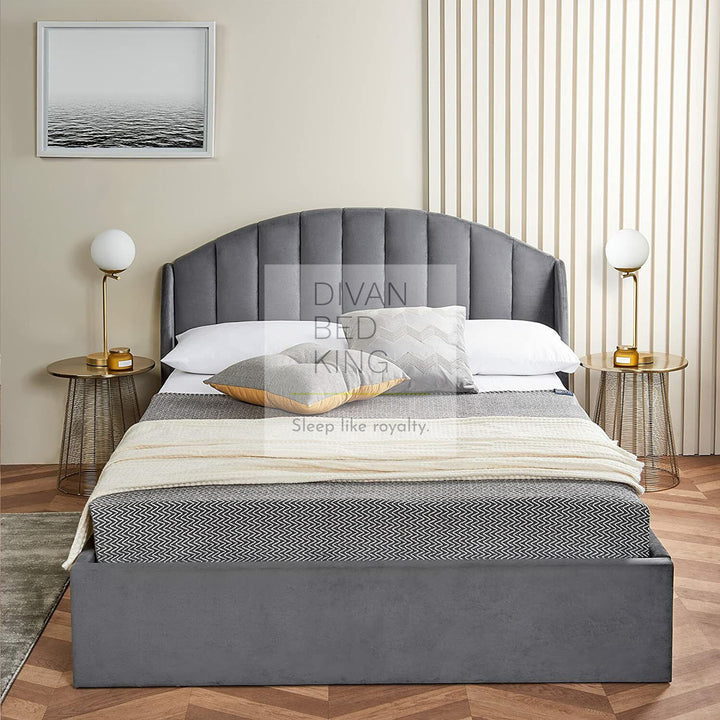 Holden Soft Grey Velvet Ottoman Storage Winged Bed Frame