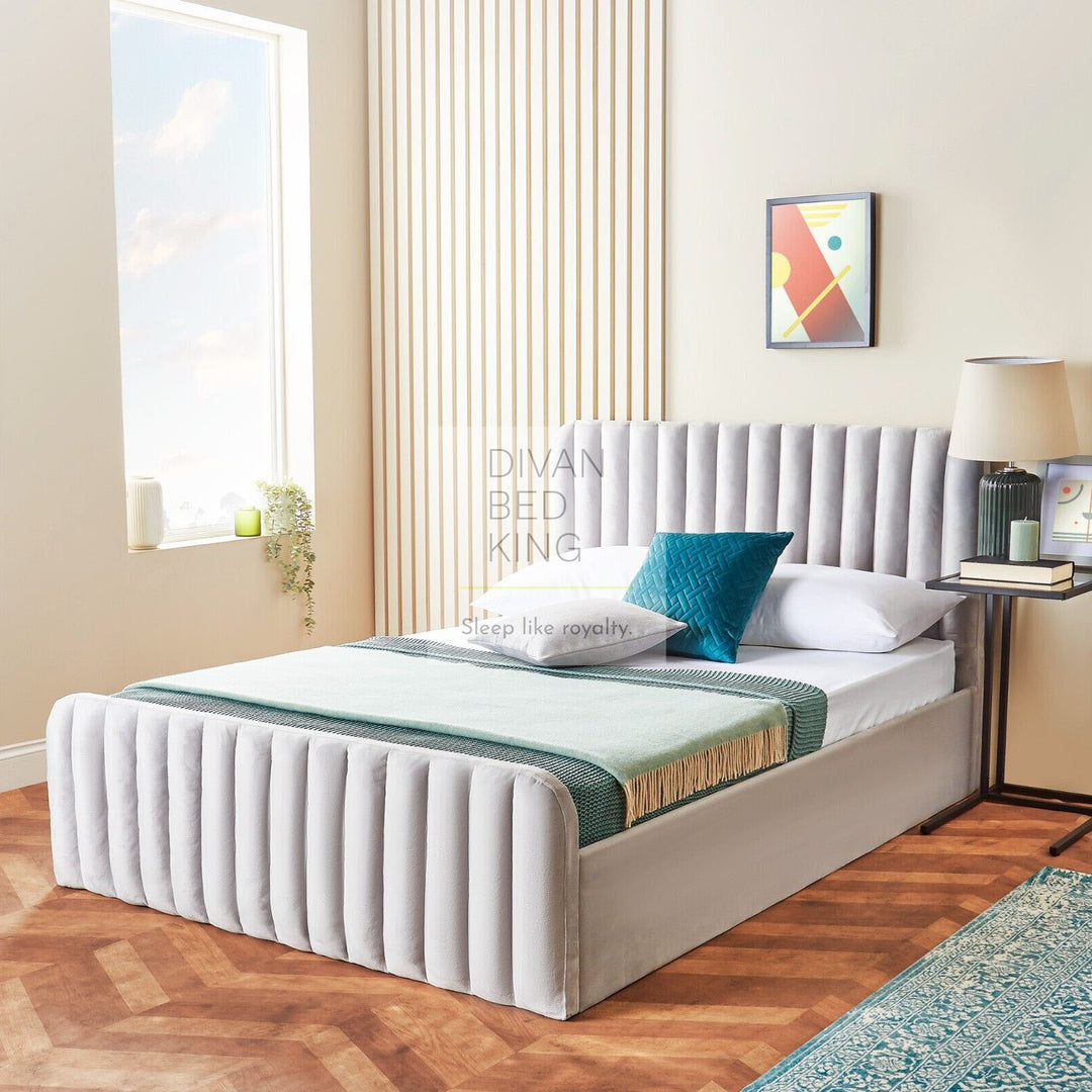 Stripe Plus Alexis Light Grey Velvet Ottoman Storage Bed Frame