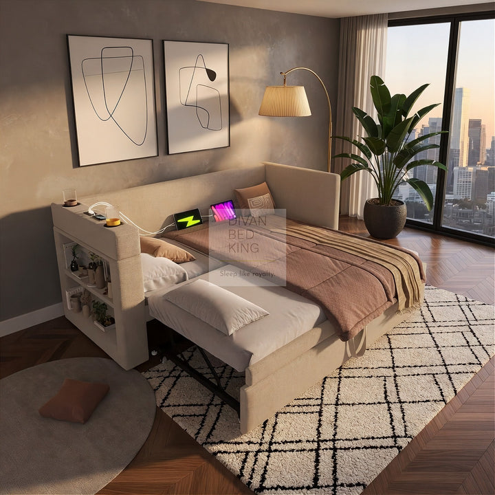 Laylani Beige Linen Smart Daybed Sofa Bed with Shelves Storage, USB & Type C Charging Station & Trundle