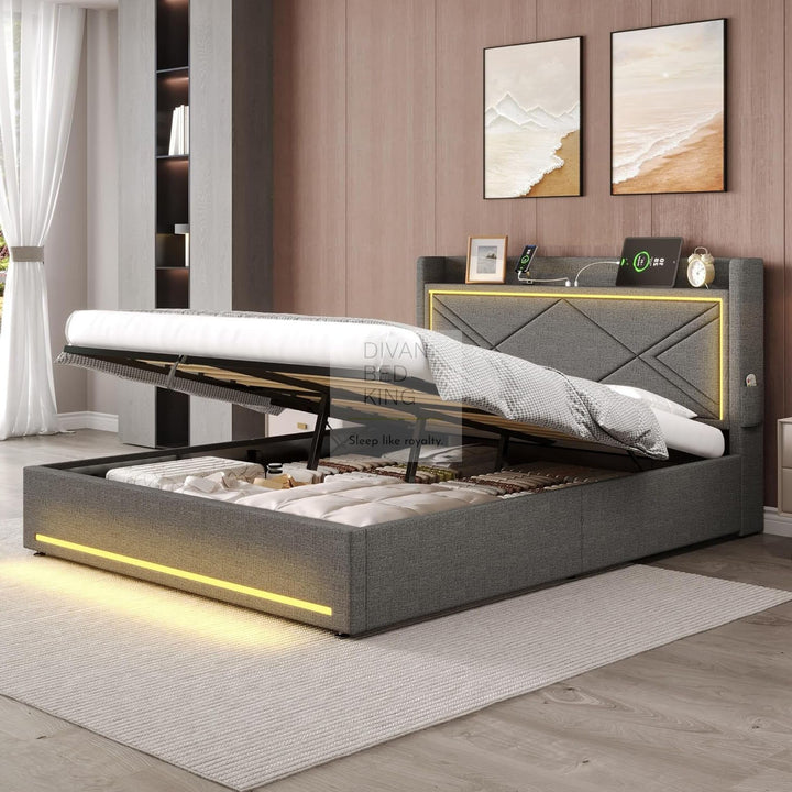 Montecelio Charcoal Grey Linen Ottoman Storage Bed with LED Lights, Type C and USB Charging Headboard Storage Shelf