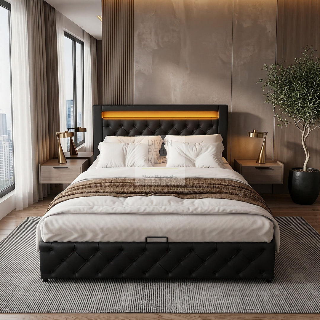 Santiago LED Black Leather Ottoman Storage Bed