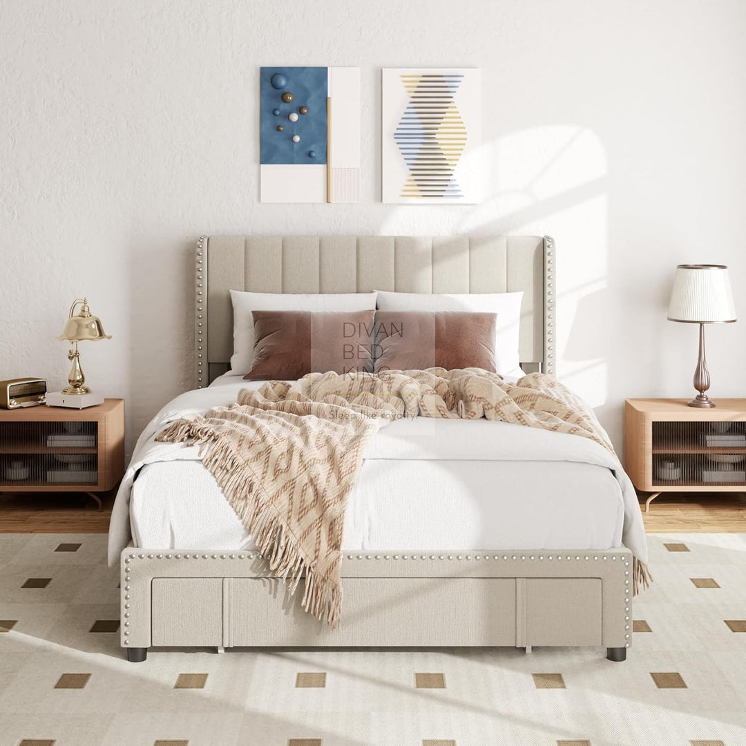 Catania Wingback Panel Headboard Beige Linen Bed with & 1 Large End Drawer Storage