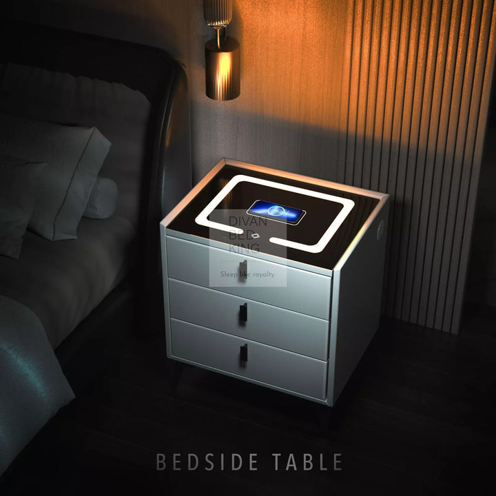 Elara White 3 Drawer Smart LED Bedside Table with USB, Type C and Wireless Charging