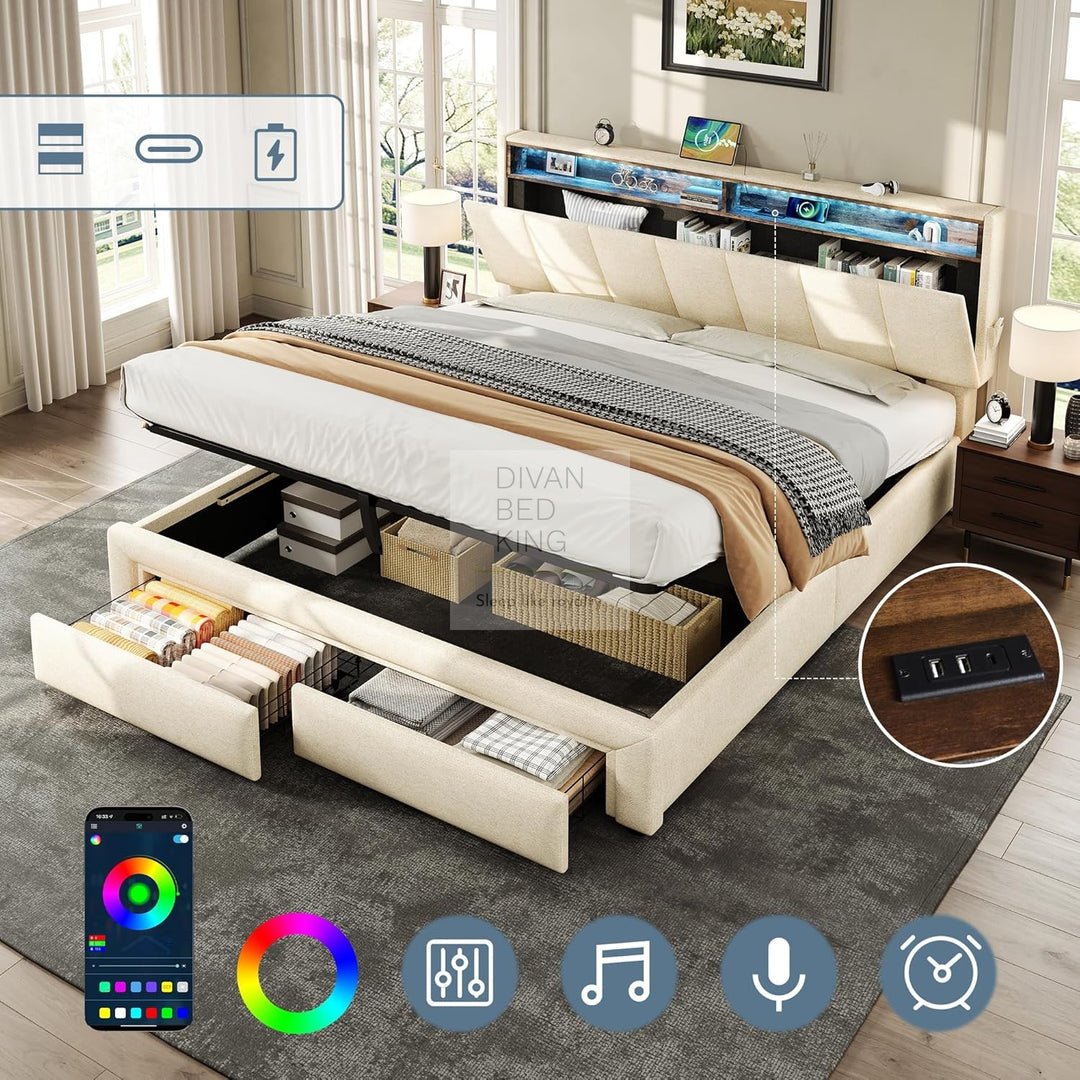 Aarya Beige Linen 2 Drawer Ottoman Storage Bed with LED Lights, Type C and USB Charging Headboard Storage Shelf