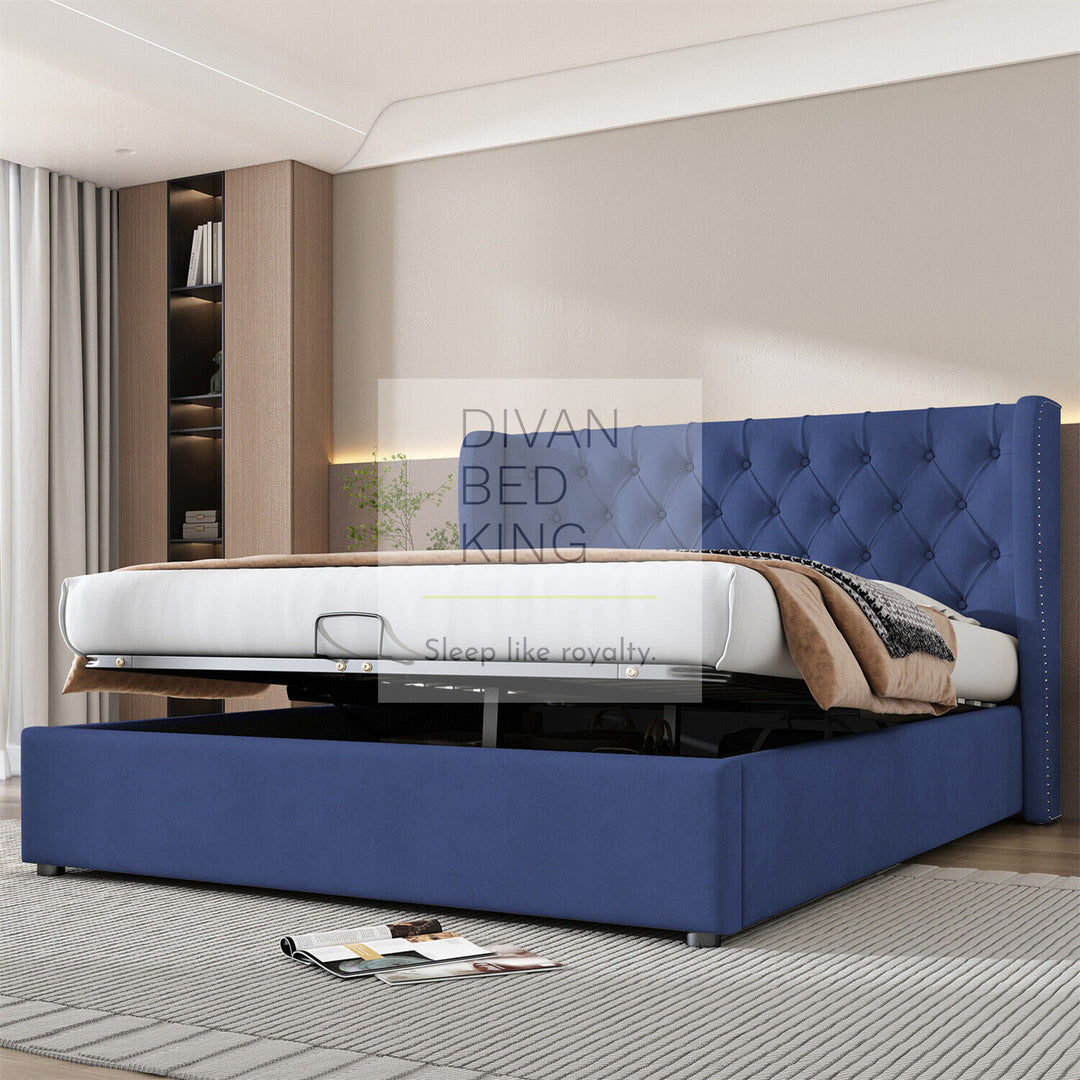 Serenity 4FT6 Double Blue Plush Velvet Wingback Ottoman Storage Bed Frame