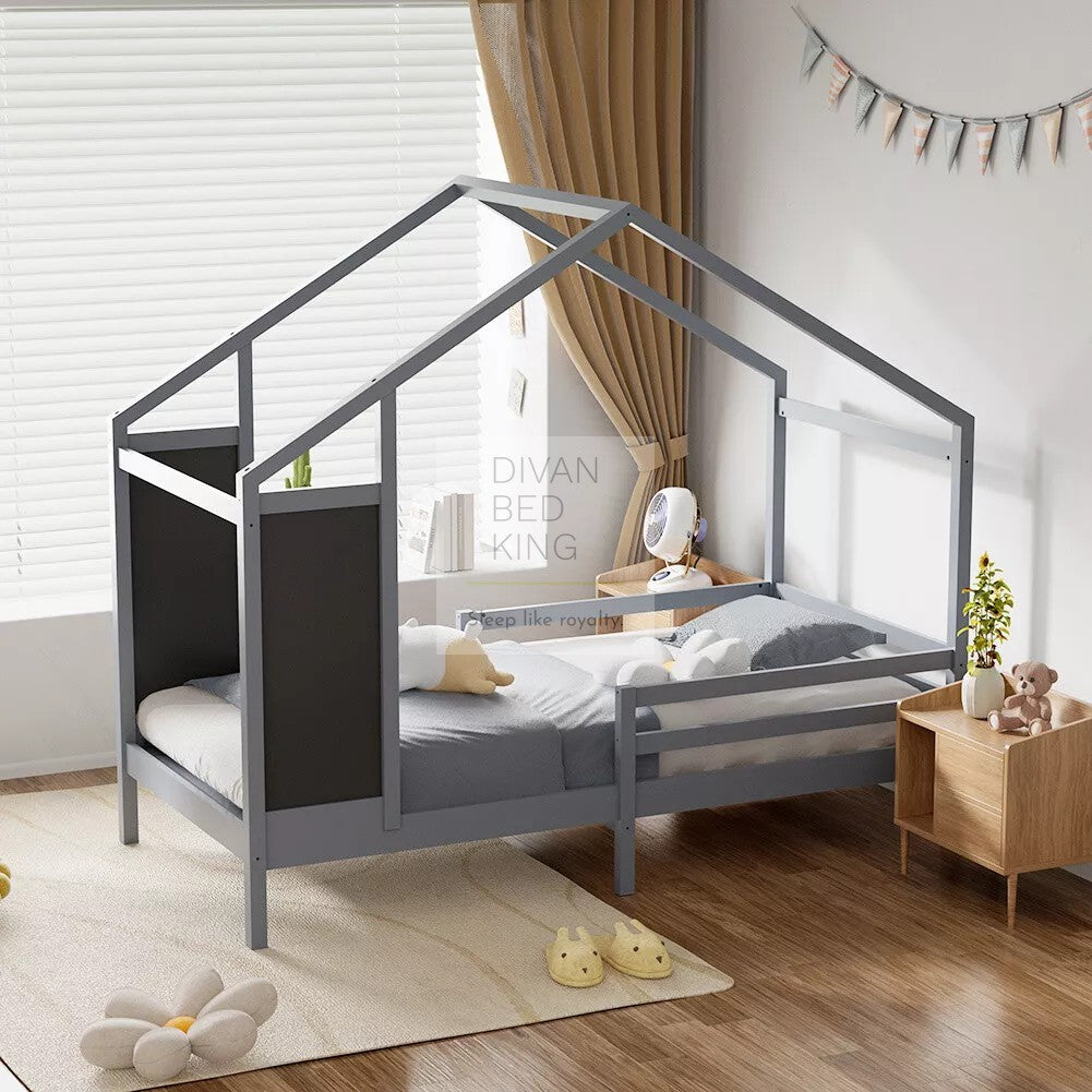 Pamina Grey Treehouse 3ft Single Bed Wooden with Blackboard & Canopy Kids Sleeper Pine House Low Childs