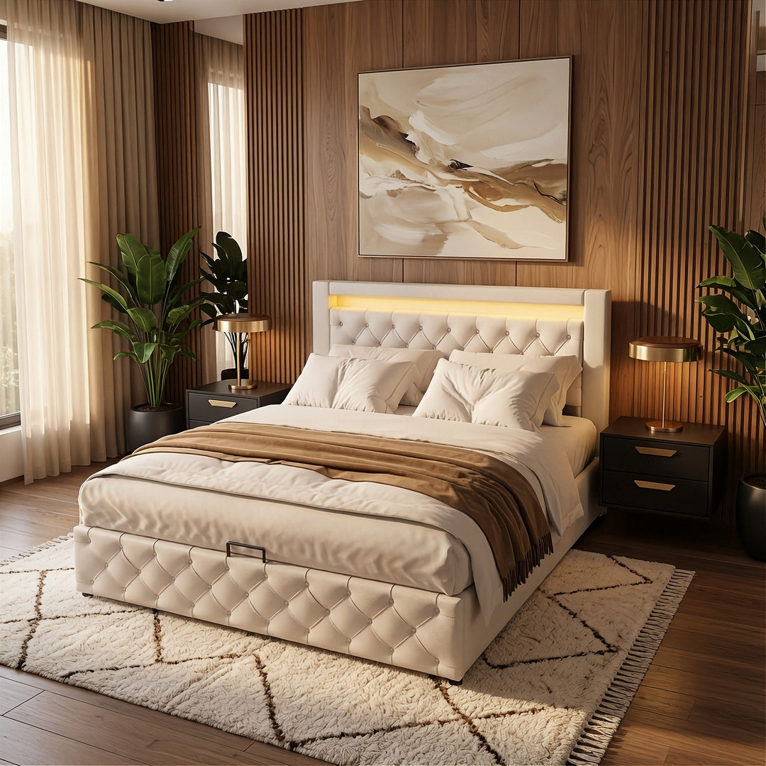 Santiago LED White Leather Ottoman Storage Bed