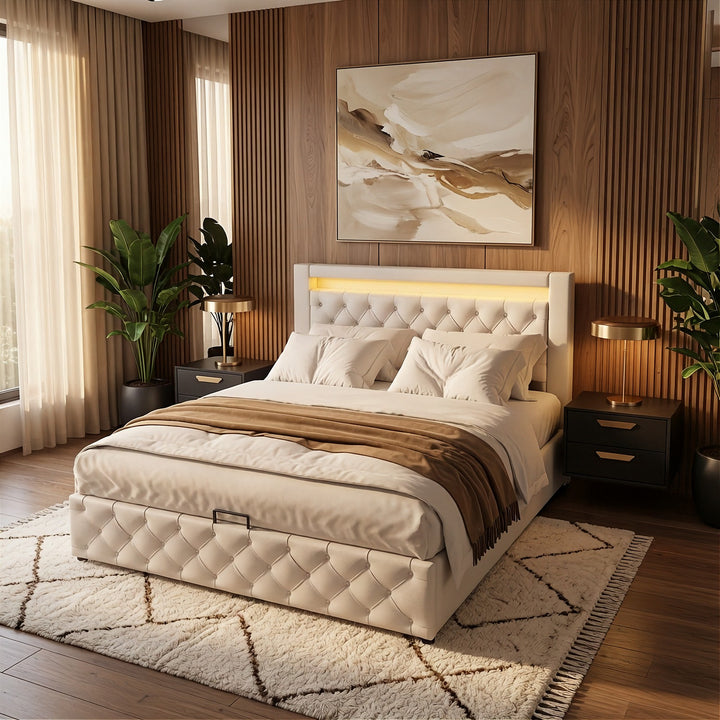 Santiago LED White Leather Ottoman Storage Bed