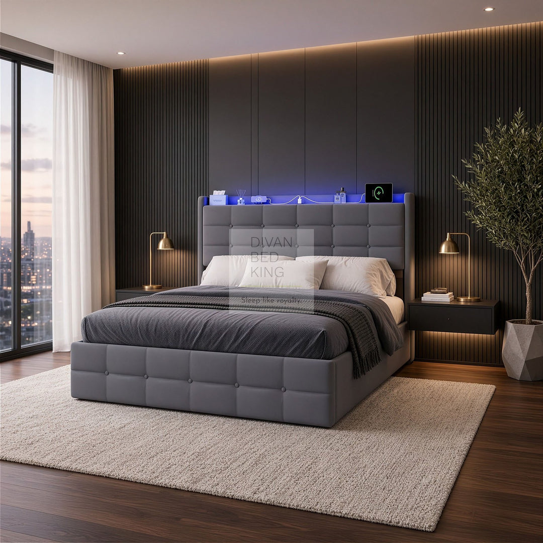 Vicente 4 Drawer Soft Grey Velvet Bed with LED Lights, Type C and USB Charging Adjustable Headboard Shelf