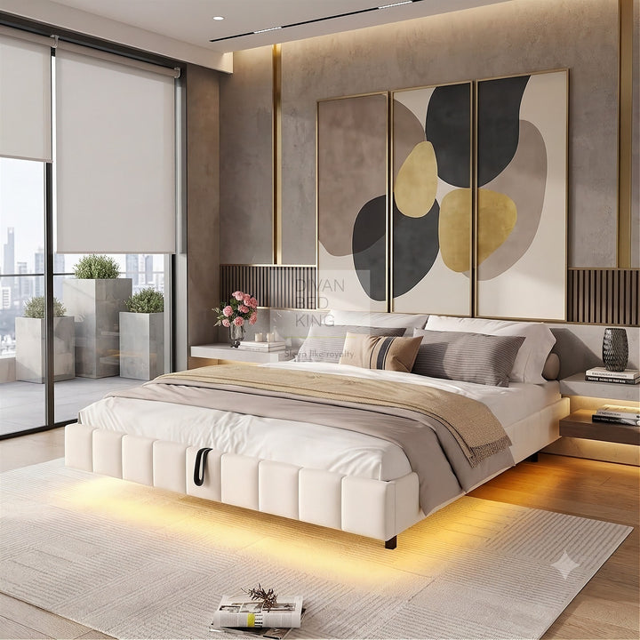 Carrillo Floating Style Smart LED Beige Linen Ottoman Gas Lift Storage Bed Base