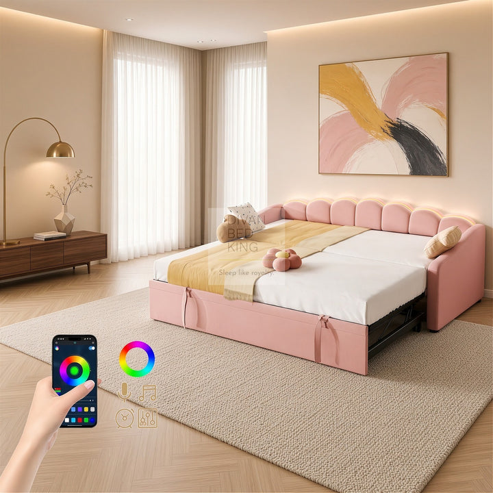 Elina Pink Plush Velvet Trundle Guest Sofa Bed with LED Lighting