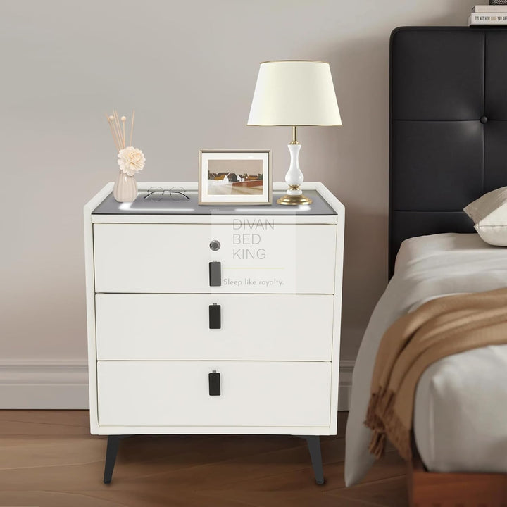 Elara White 3 Drawer Smart LED Bedside Table with Bluetooth Speakers, Fingerprint Lock, USB and Wireless Charging