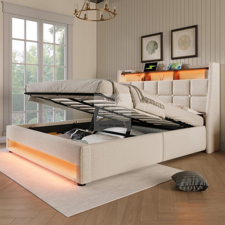 Solana Beige Linen Ottoman Storage Smart Bed with Type C, USB & Wireless Charging Headboard Shelves