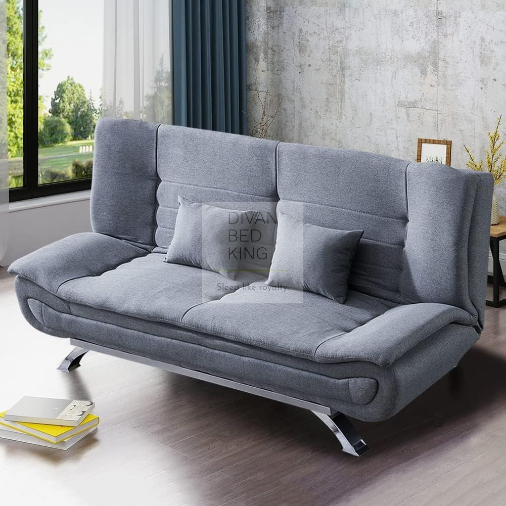 Bryson Grey Linen 3 Seater Sofa Bed with Chrome Legs & Matching Pillows