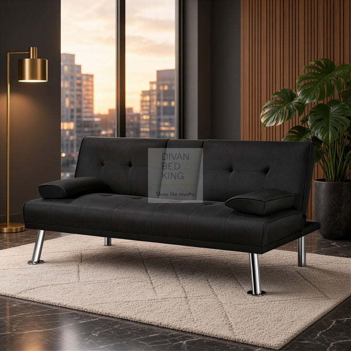 Francesca Black Cotton Sofa Bed with Cup Holders