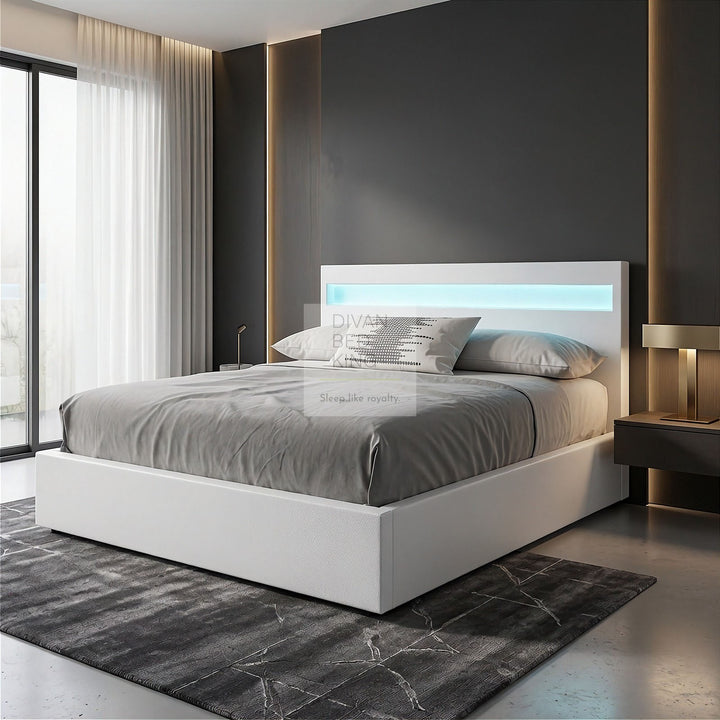 Pia White Leather LED Ottoman Gas Lift Storage Bed