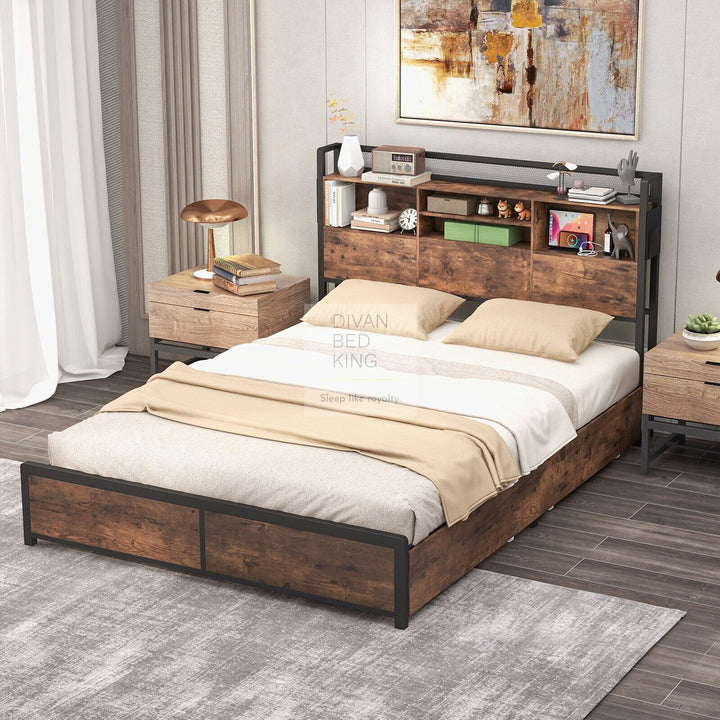 Henry Metal Divan Bed with 4 Drawers with Headboard, Shelves, Sockets and Charging Station